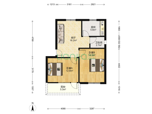 北海港北云小区 2室1厅1卫 61平方