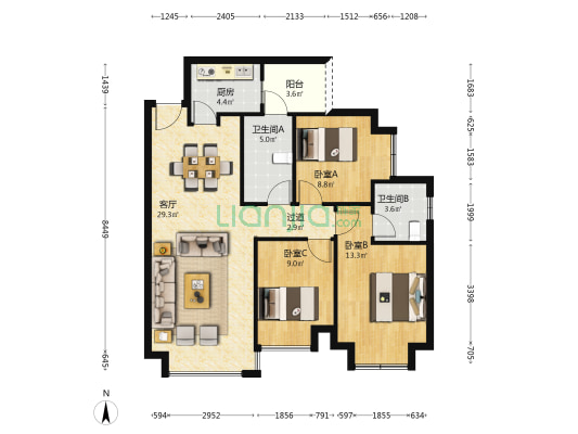 鸿润嘉园 3室1厅2卫 97平方