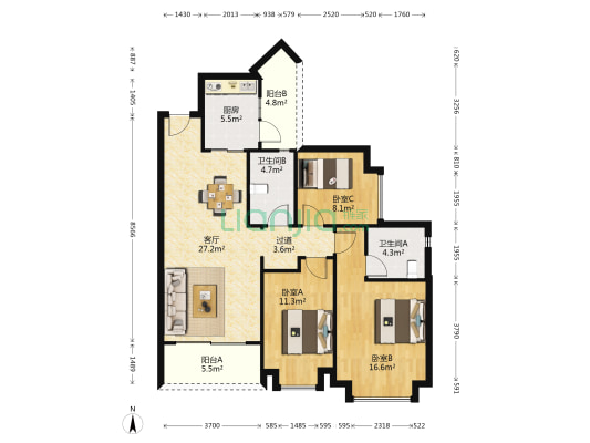 保利悦廷 3室1厅2卫 106平方