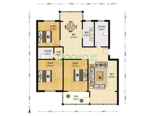 龙凤公寓 3室2厅2卫 134平方