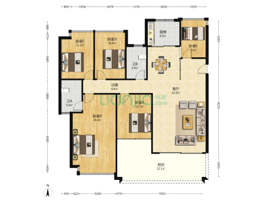 南山公馆三期 5室1厅2卫 160平方