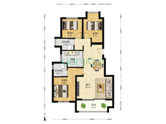 联发君领学府 3室1厅2卫 95平方