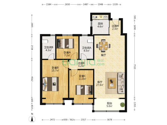 崂山金茂府西区 3室1厅2卫 117平方