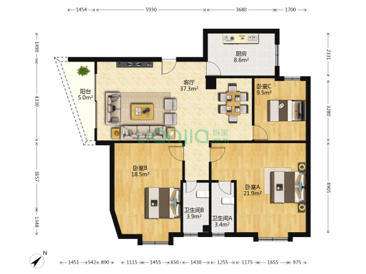 宏宇楼 3室1厅2卫 135平方