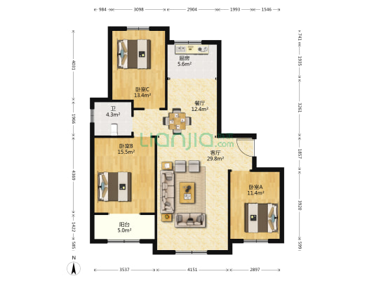 汉明苑A区 3室2厅1卫 134平方