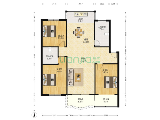 富贵苑(希望路) 3室2厅2卫 142平方