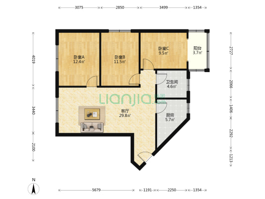 永安小区 3室1厅1卫 90平方