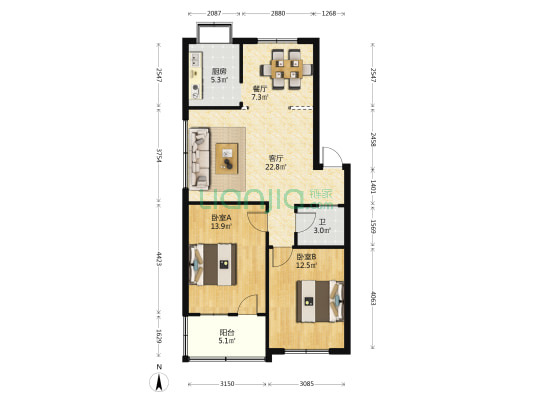 国龙花园 2室2厅1卫 86平方