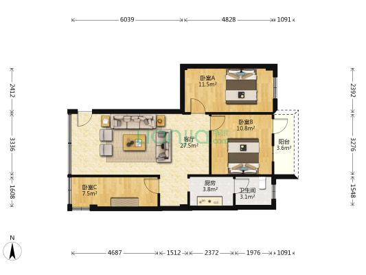 新城市花园 3室1厅1卫 90平方