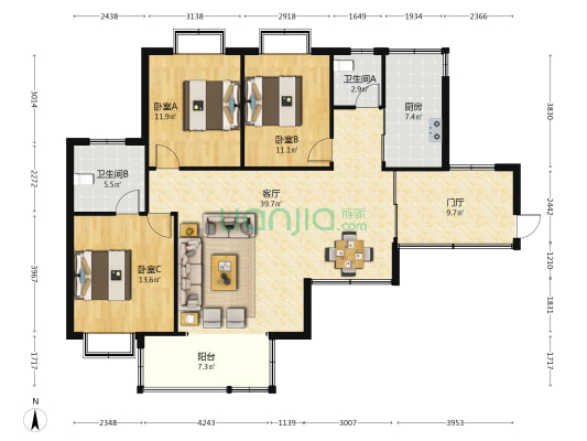 玉龙国际花园 3室1厅2卫 132平方