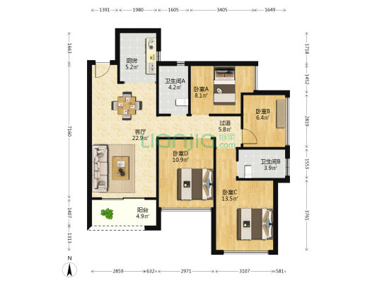 建信天宸 4室1厅2卫 105平方