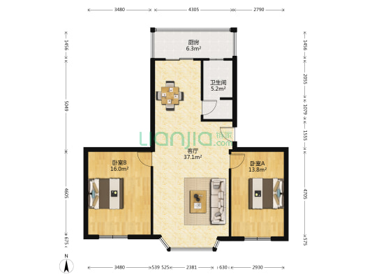 东方逸景 2室1厅1卫 87平方