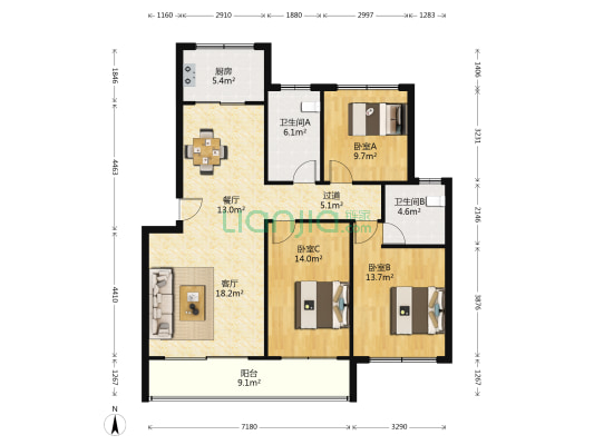 圣源小区 3室2厅2卫 135平方