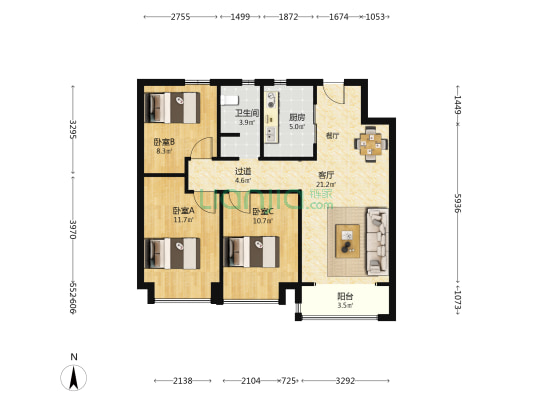 中交春映海河 3室1厅1卫 95平方