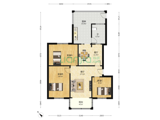 马鞍北路55号 3室2厅1卫 92平方