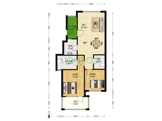 绿城百合公寓（初阳苑）南区 2室1厅2卫 89平方