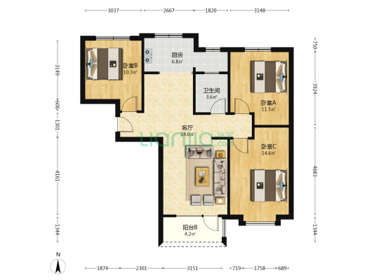 华融现代城 3室2厅 南 北-户型图