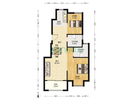 童翰苑 2室1厅2卫 94平方