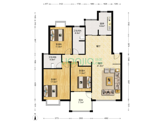 香江花城紫薇苑 3室1厅2卫 126平方