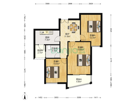 梅园公寓 3室1厅1卫 91平方