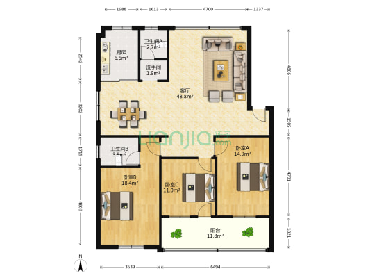 岳兴花园 3室1厅3卫 137平方