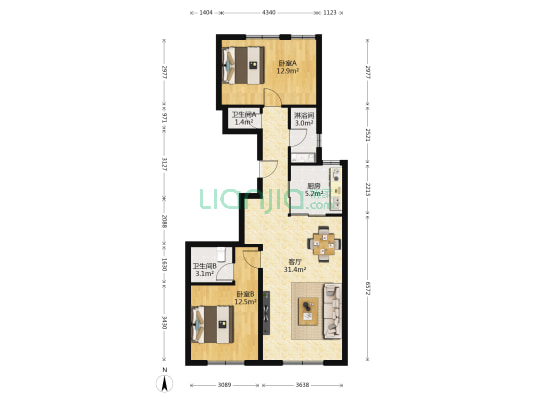 绿地海珀云翡 2室1厅3卫 102平方