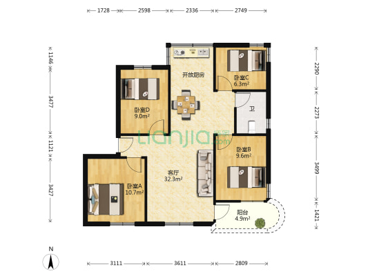 湾仔中学宿舍 4室1厅1卫 96平方