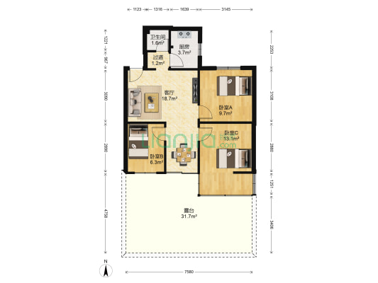 顺德路二段44号 3室1厅1卫 69平方