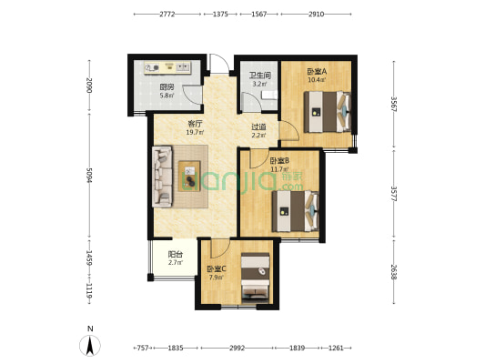 名仕家园 3室1厅1卫 93平方