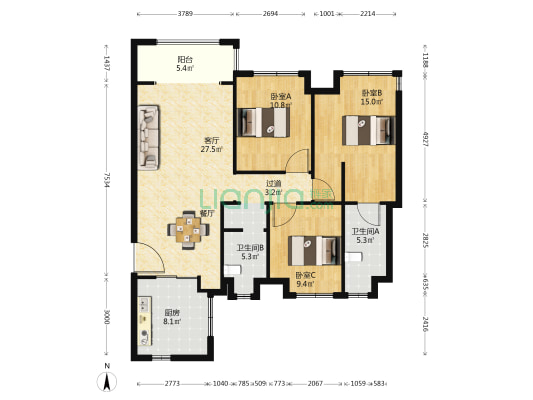 路劲时代城天隽 3室1厅2卫 115平方