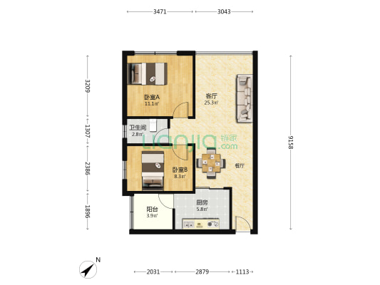 中臣花园 2室1厅1卫 66平方