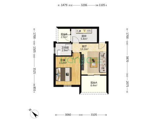 花朝小区三期 1室1厅1卫 45平方