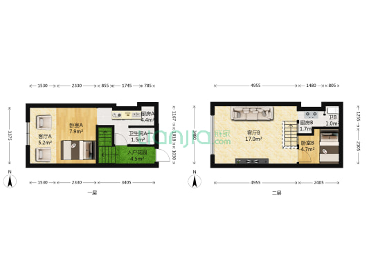 金钟公寓 2室2厅2卫 61平方