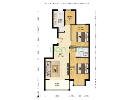 馨领域 2室1厅1卫 90平方