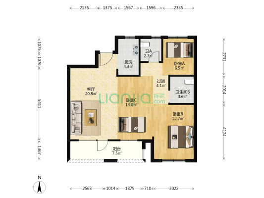 悦岛蓝湾 3室1厅2卫 108平方