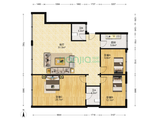 湘湖路90号 3室1厅2卫 132平方