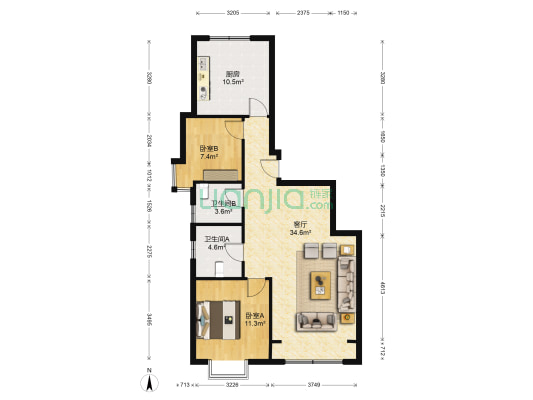 中加荣园北区 2室1厅2卫 100平方