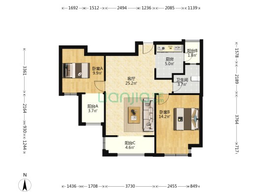 云锦世家观锦园 2室1厅1卫 87平方