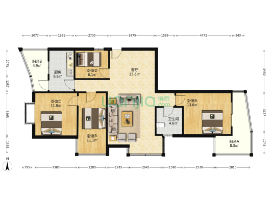 蓝天家园一期 4室1厅1卫 149平方