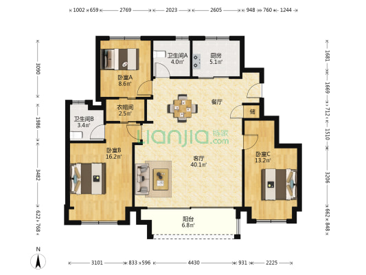 翰林甲第北苑 3室1厅2卫 119平方