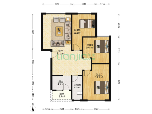 攀欣花园 3室1厅1卫 97平方