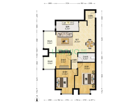 泰华世纪新城Ⅱ 3室1厅1卫 114平方