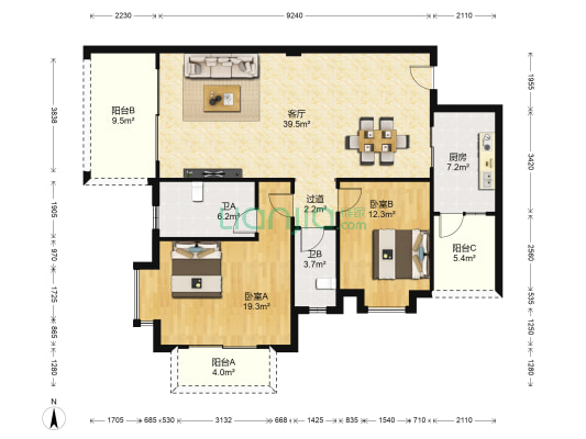 千叶花园 2室1厅2卫 109平方