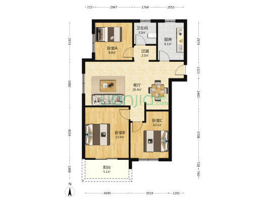 滨江怡景苑 3室1厅1卫 105平方