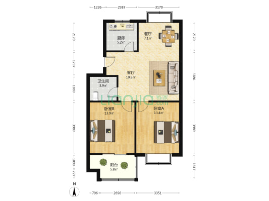 百家公寓 2室2厅1卫 85平方