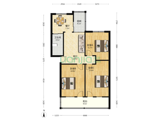 罗冈路 3室2厅1卫 97平方