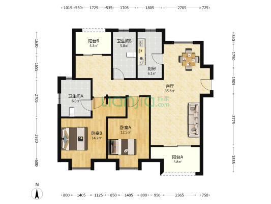 中城誉品北区 2室1厅2卫 117平方