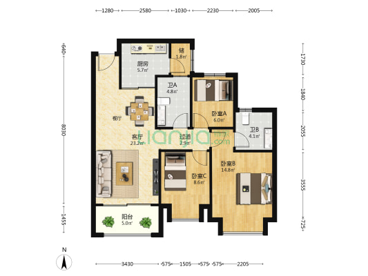 恒大林溪郡 3室1厅2卫 117平方