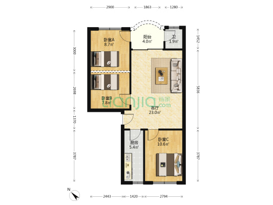 外滩东区 3室1厅1卫 80平方