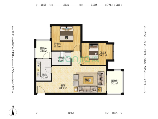 临江苑东区 2室1厅1卫 85平方